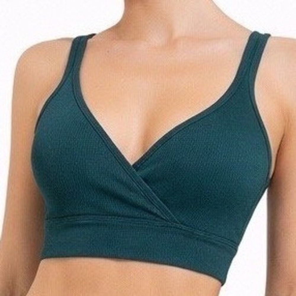 Niki Biki women's Ribbed Surplice V-Neck Sports Bra Dark Green Seamless One Size